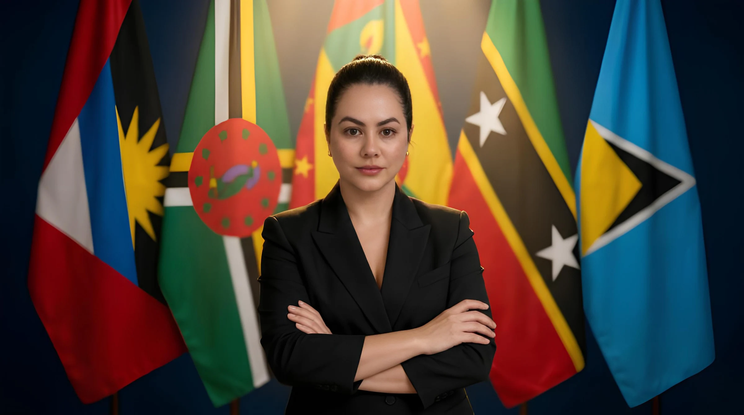 Giselle Bru, Founder of PassPro, photographed before the flags of the five Caribbean nations where PassPro holds Government Authorised Agent status — Antigua and Barbuda, Dominica, Grenada, St Kitts and Nevis, and St Lucia.