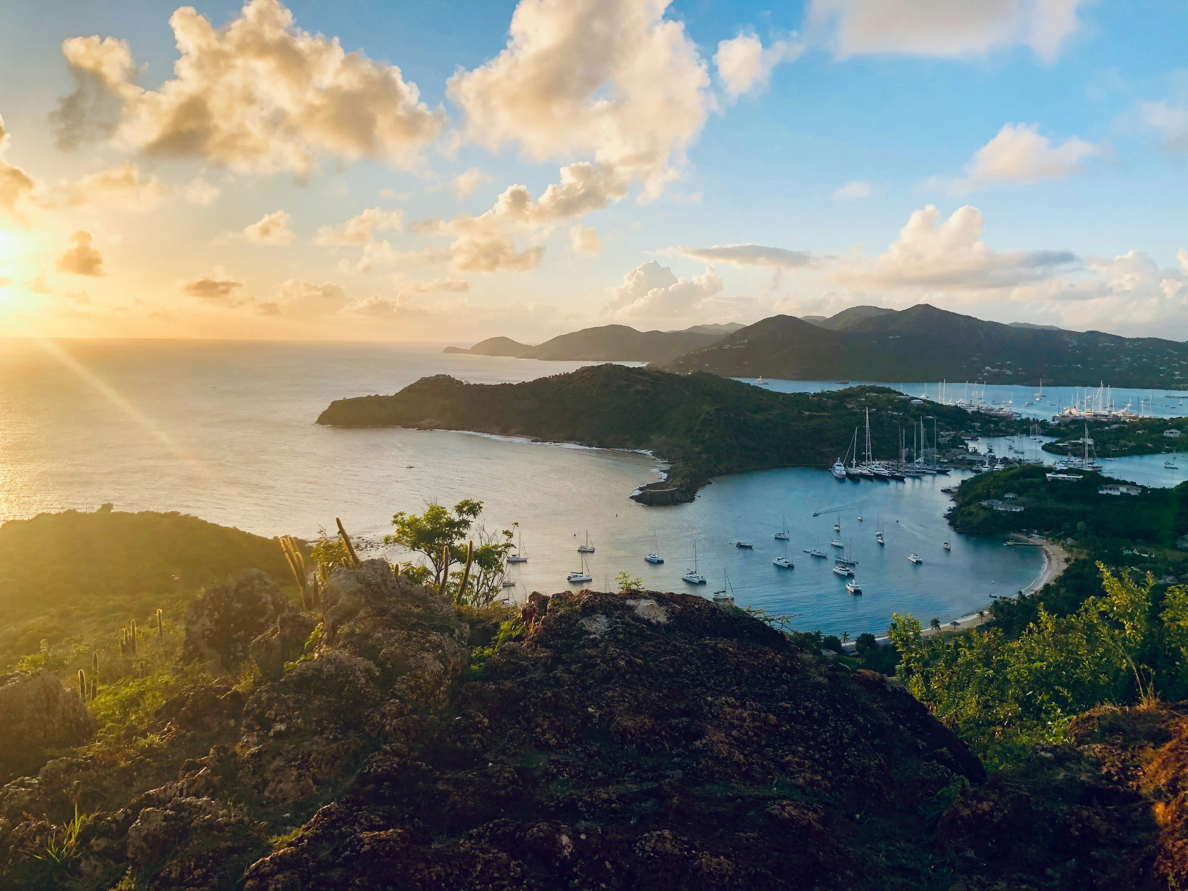 A green coastal headland meeting calm turquoise water on a clear day in the Eastern Caribbean.