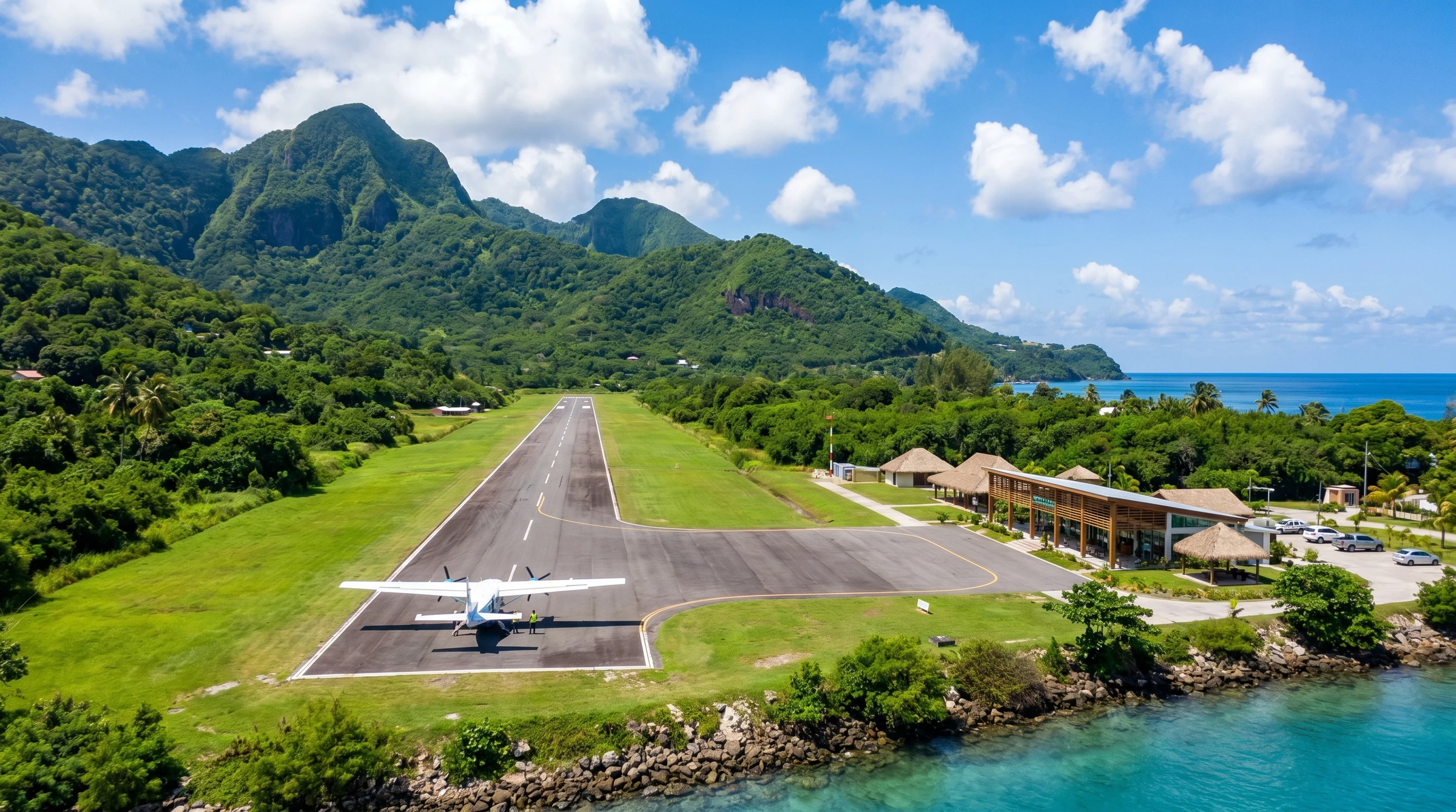 A Caribbean island airport runway with a small aircraft on the apron and lush mountains rising in the background — visual register of the international airport Dominica is building with CBI revenues.