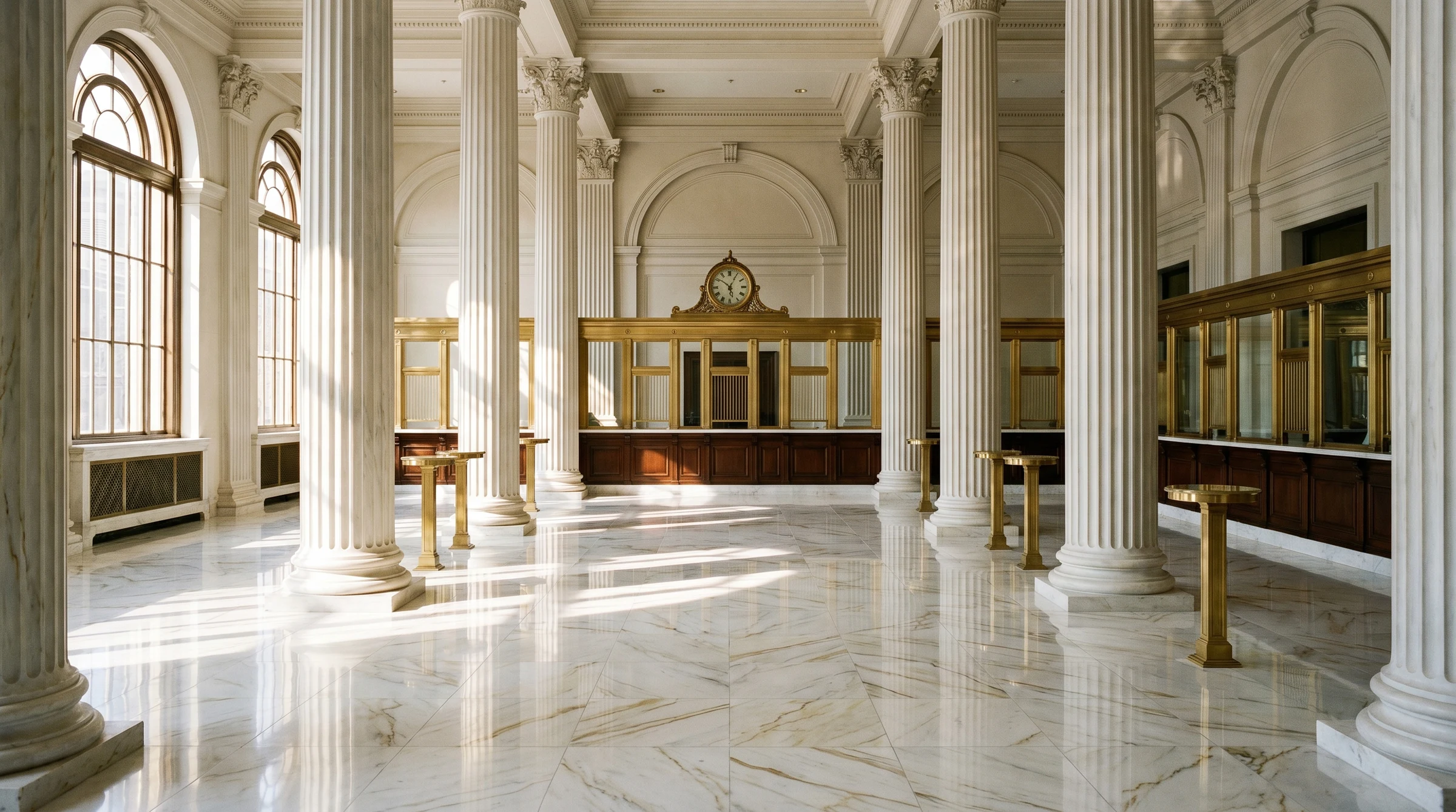 A formal classical bank interior with marble floors and brass teller windows — the regulated environment in which St Kitts and Nevis National Bank operates.