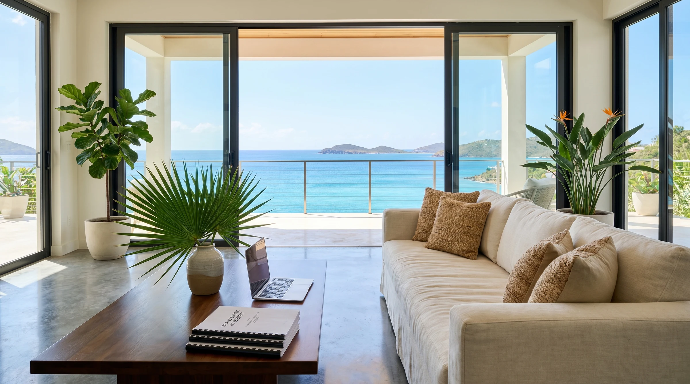 A modern luxury villa interior with an ocean view and assessment documents open on a coffee table — the visual register of considered real estate decisions.