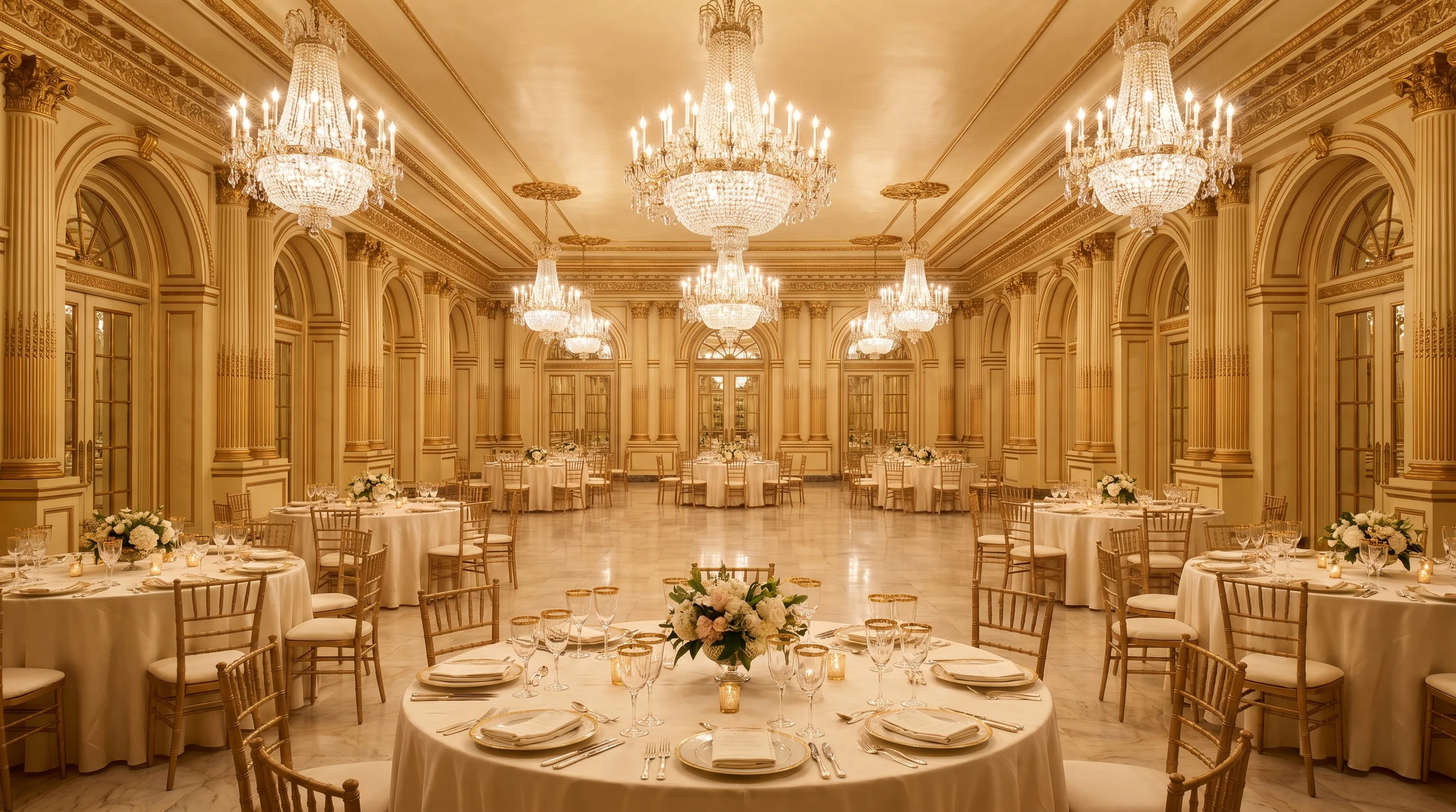 A grand ballroom set for a formal gala, with crystal chandeliers and white linen — the setting of the St Kitts and Nevis Consulate anniversary in Dubai.
