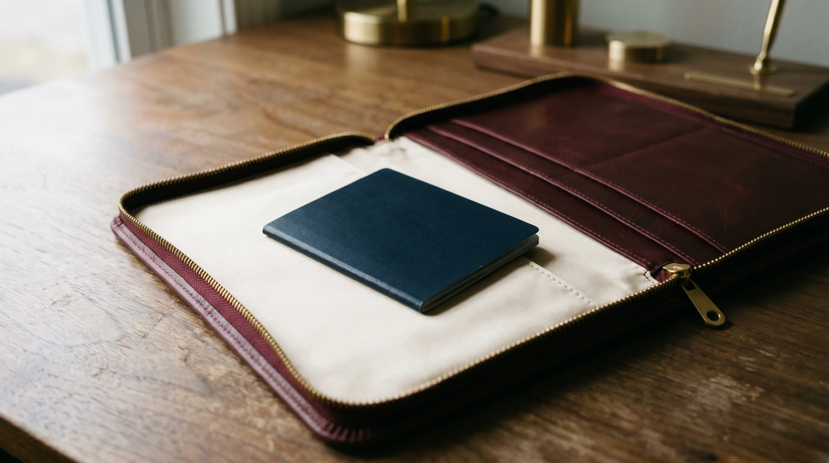 A plain navy passport tucked inside an open burgundy zip portfolio on warm walnut