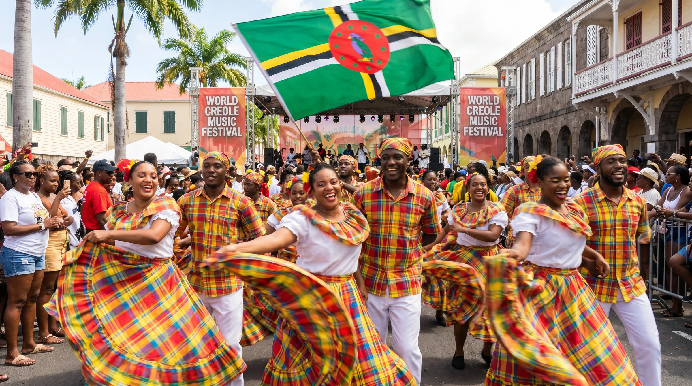 Mas Domnik celebrants in traditional madras dress — Dominica's Creole heritage worn proudly each Independence Day.